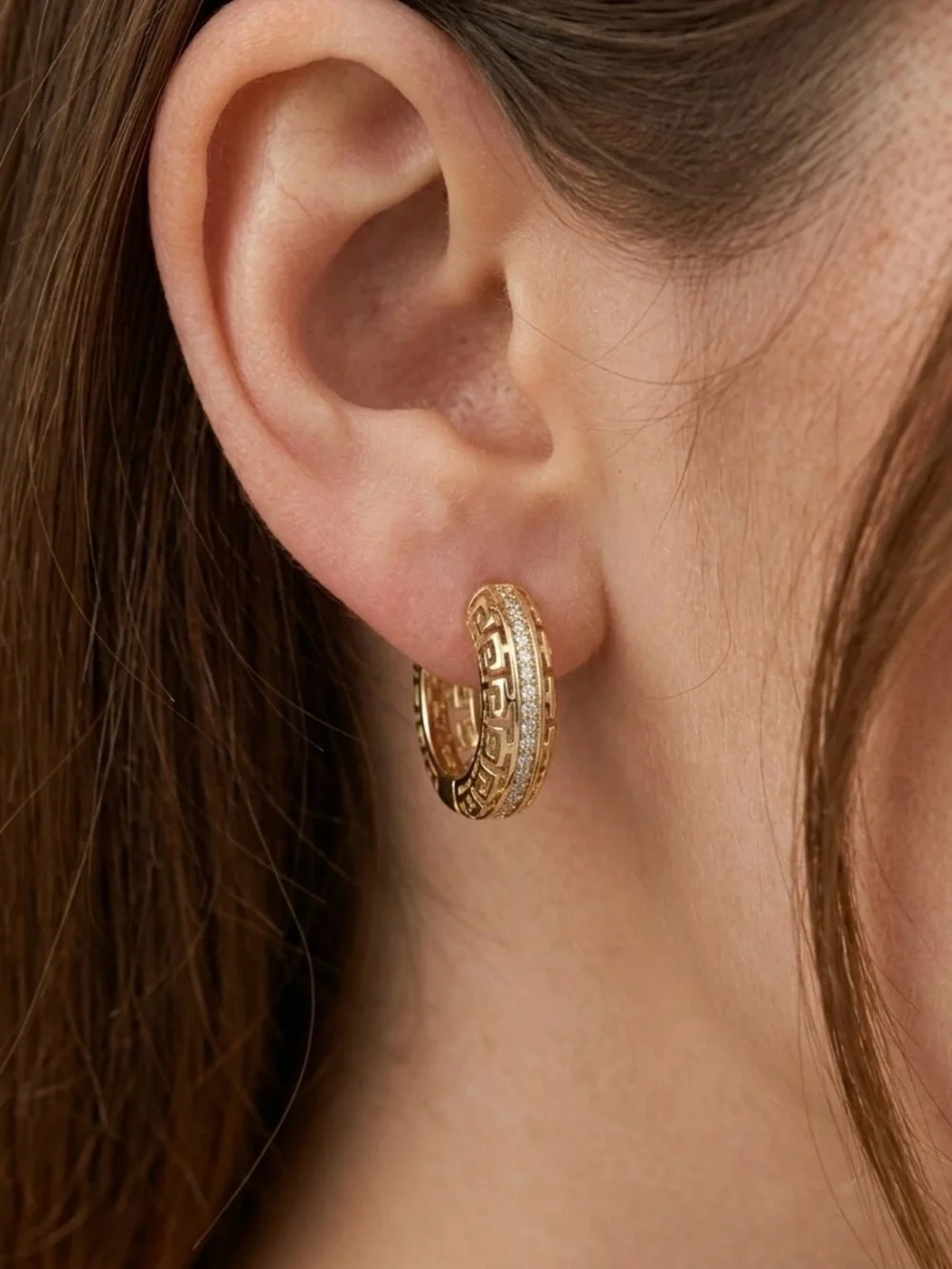 LAST 1 🔥14K Gold Plated Greek Key Hoop Earrings Rhodium Accent Water Resistant